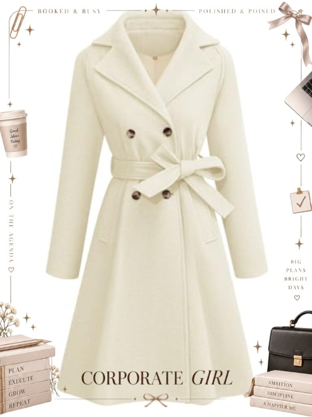 Women's Elegant Double Breasted Trench Coat Slim Fit Knee Length Fall